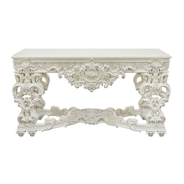  this console table features a round tabletop that is followed by intricate detailing around t