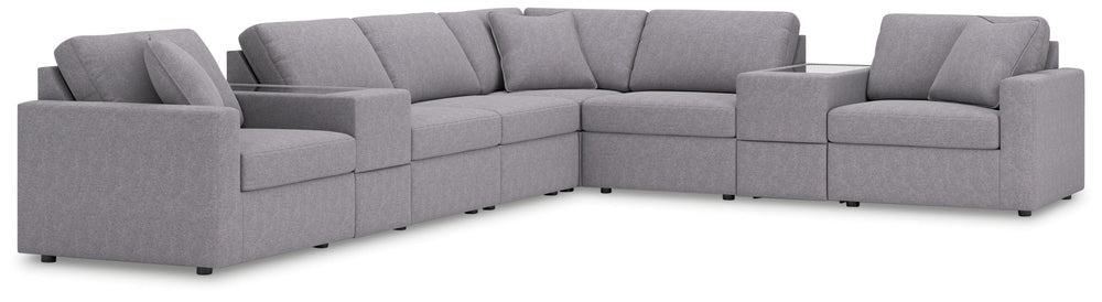 Looking cool and contemporary is great. But when it comes down to it, youâ€™re all about low-maintenance lounging. With the performance fabric on this sectional with console, cleaning spills is a breeze. Its customizable modular design caters to your ever