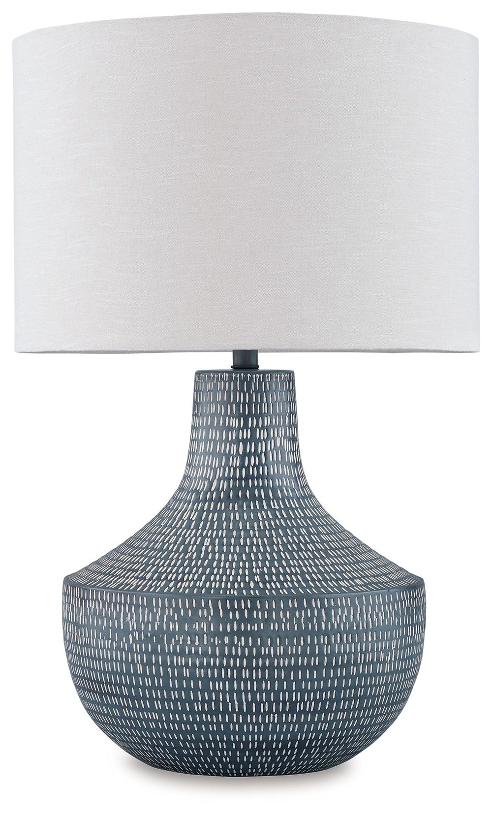 Enhance your decor with a touch of captivating texture. This table lamp features a beautifully crafted body made of hammered metal with an antiqued finish. Topped with a crisp off-white fabric shade, it illuminates a casual vibe with soft, diffused light.
