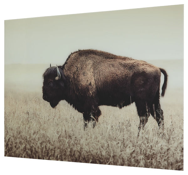 Add a touch of rustic refinement to your decor with this unique sepia wall art. Glass reproduction of a lone bison calls to mind tintype photos of the Old West, making for a retro look loaded with charm.<br/><br/><b>Product Features</b><ul><li>Reproduced 