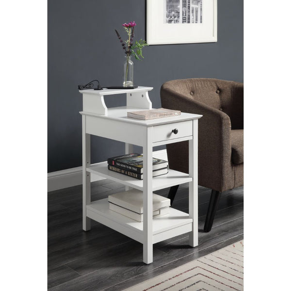  this Slayer side table is an asset in any living room. The rectangular table top includes a USB power dock so you can always stay connected. Featuring a drawer and two shelves