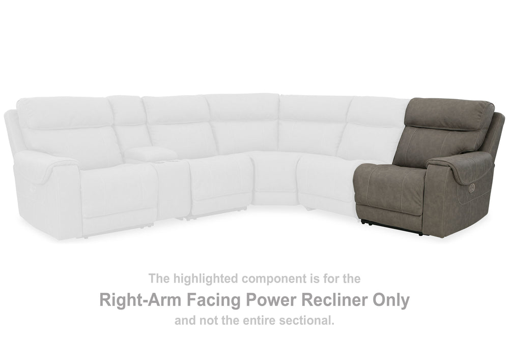 This right-arm facing power recliner is made with faux leather upholstery. Pairs with other items in the series to make a sectional.<br><br><b>Additional Dimensions</b><br><ul><li>Arm height: 26-"</li><li>Seat depth: 22-"</li><li>Seat height: 21-"</li><li