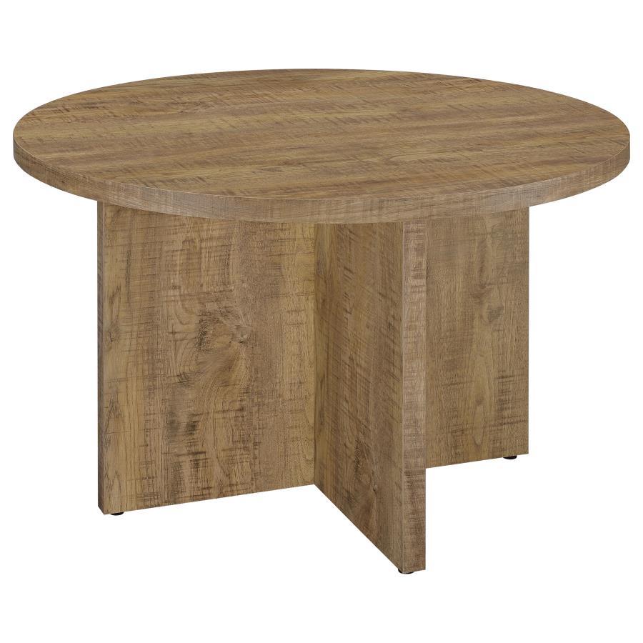 Build a stylish dining room or kitchen around this charming contemporary round dining table. It features a familiar silhouette with a bold X-cross base design that adds movement and geometric influence to the look. The table features a stylish mango wood 