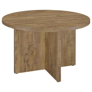 Build a stylish dining room or kitchen around this charming contemporary round dining table. It features a familiar silhouette with a bold X-cross base design that adds movement and geometric influence to the look. The table features a stylish mango wood 