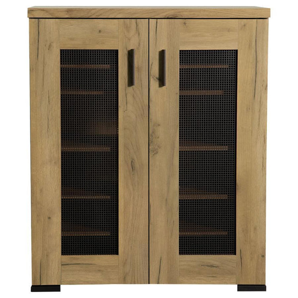  it offers a natural texture that complements a variety of interiors. The double doors feature mesh-style i