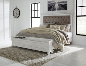 Give your retreat vintage charm with this king bed and storage footboard. In a beautifully distressed whitewash finish, you-'ll love the headboard-'s grand style featuring a picture framed panel. The bench footboard is equally elegant offering extra stora