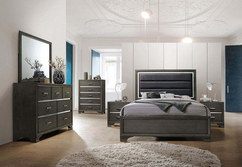 The Carine II bedroom transitional collection reflects classic style details, complemented by clean lines and contemporary styling case goods. This bedroom features padded headboard, low profile footboard, and oversized cases with sleek design. Create a f