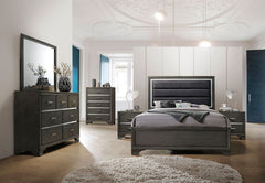 The Carine II bedroom transitional collection reflects classic style details, complemented by clean lines and contemporary styling case goods. This bedroom features padded headboard, low profile footboard, and oversized cases with sleek design. Create a f
