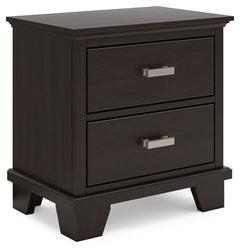 Feast your eyes on this richly versatile nightstand. Its traditional-inspired dark brown finish effortlessly blends with contemporary bright nickel-tone pulls to create a stunning look that-'s not too stuffy or too trendy. Spacious drawers offer plenty of