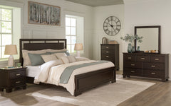 Covetown - 7 Pc. - Dresser, Mirror, Chest, California King Panel Bed, 2 Nightstands - Dark Brown