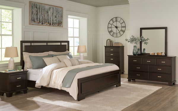 Covetown - 6 Pc. - Dresser, Mirror, Queen Panel Bed, 2 Nightstands - Dark Brown