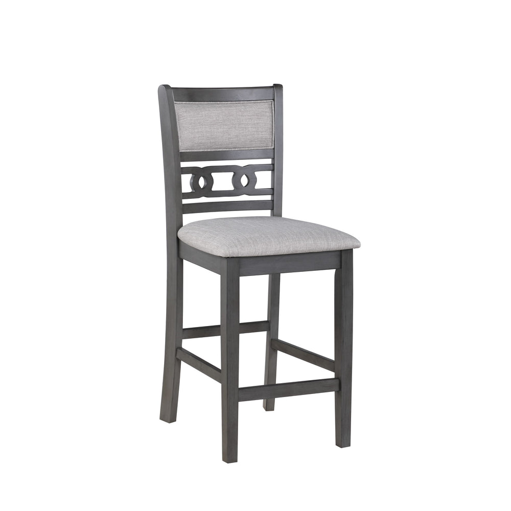 Enhance your dining room with this set of 2 New Classic Gia Counter Chairs in a sophisticated gray finish. Crafted from solid Rubberwood and Mindi veneers, these chairs combine durability with timeless beauty. The contemporary gray finish, enriched by a c