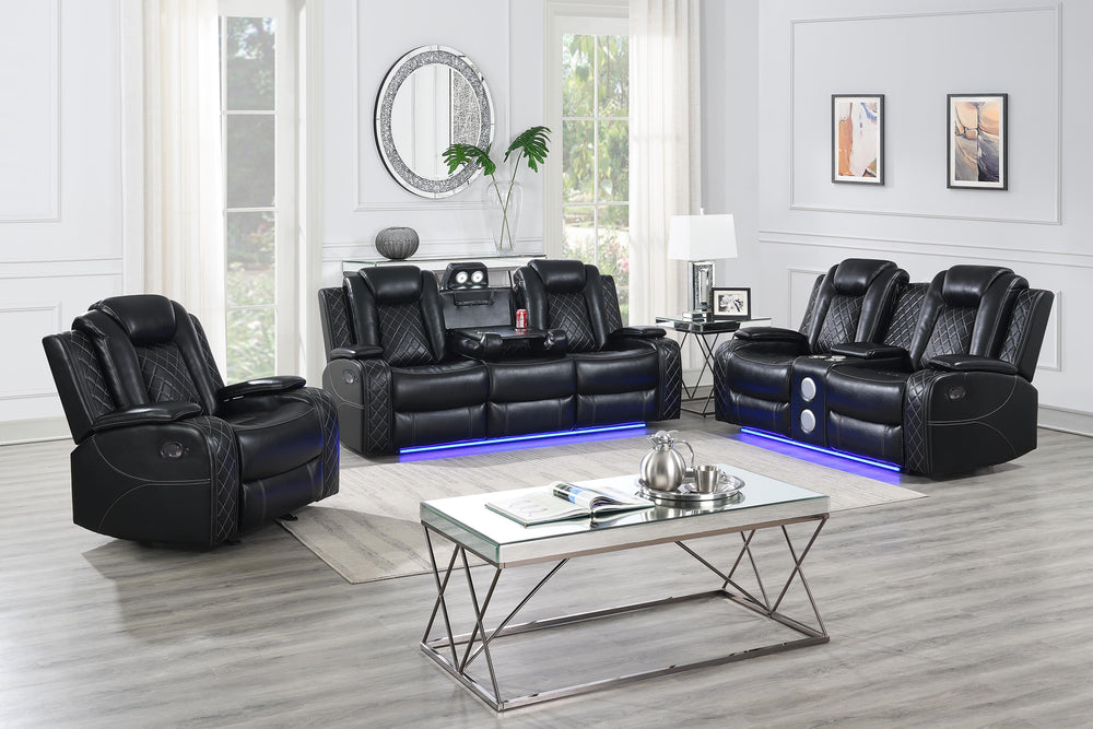 The Orion II 3-Piece Dual Reclining Sofa, Console Loveseat, and Glider Recliner in Black is designed for comfort and convenience. Built with durable hardwood and manufactured wood frames, it ensures strength and long-lasting use. The black upholstery, a b