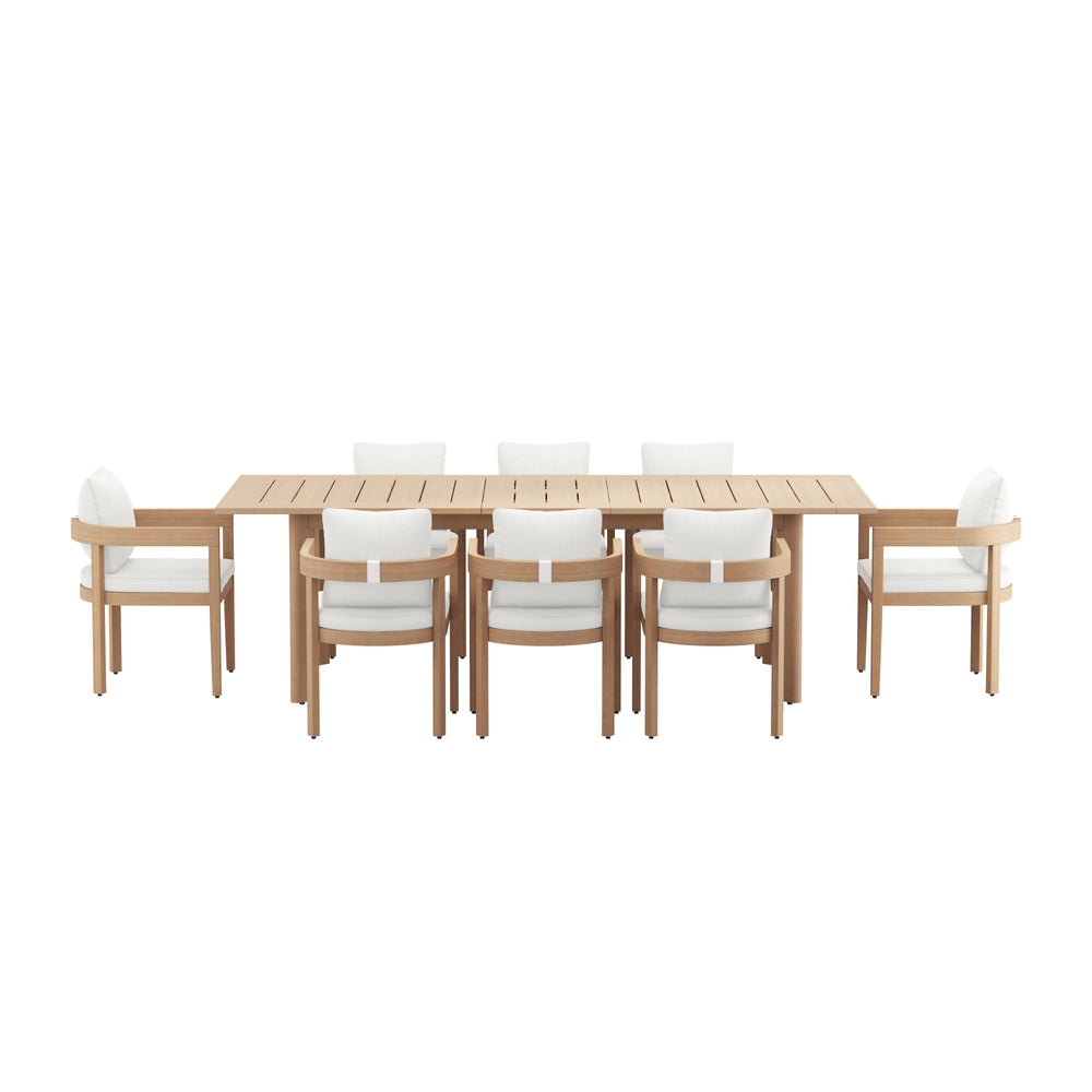 The Wesley 9-Piece Wood Patio Dining Set brings together comfort, durability, and style to create a warm, inviting space for outdoor gatherings. This set includes an extendable dining table and eight cushioned chairs, all crafted from FSC-certified Acacia