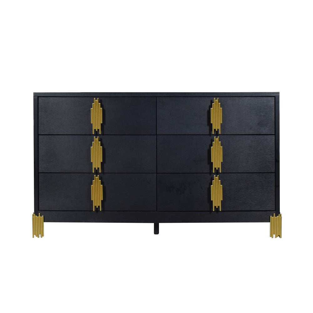 Introducing the Empire 6 Drawer Dresser in sleek black, a timeless addition to your bedroom decor. Crafted with durable eco-friendly materials and a sophisticated finish, this dresser exudes contemporary elegance. Its gleaming gold drawer pulls and feet e