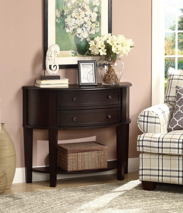 This demilune console table features a classic half-moon shape with functional storage and timeless design. Constructed from poplar, engineered wood, and birch veneer, itâ€™s finished in a rich cappuccino tone for a warm, elegant presence. Two drawers off
