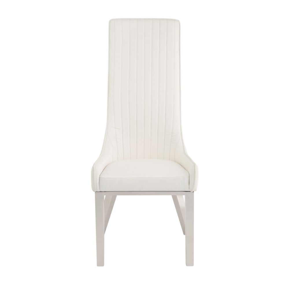 Dining Chair (High Back) Stationary Seat: Standard Dining Height Padded SEAT & BACK: PU () Stainless Steel Apron Seat Padded Backrest (Inside Channeled Pattern) [sc] Stainless Steel Square-Tapered Leg Sloped Low Armrest: Padded<br/><br/><b>Product Feature
