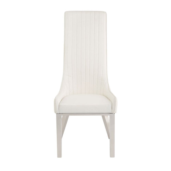 Dining Chair (High Back) Stationary Seat: Standard Dining Height Padded SEAT & BACK: PU () Stainless Steel Apron Seat Padded Backrest (Inside Channeled Pattern) [sc] Stainless Steel Square-Tapered Leg Sloped Low Armrest: Padded<br/><br/><b>Product Feature