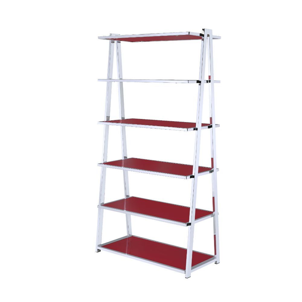 Coleen 6-Tier leaning bookcase is attractive and free standing and can be used as a bookshelf or display shelf. There are 6 total wooden shelves of differing sizes with an open back panel and a metal frame with a chrome finish. This bookshelf is the perfe