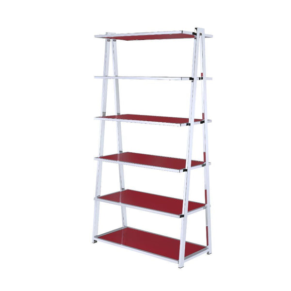 Coleen 6-Tier leaning bookcase is attractive and free standing and can be used as a bookshelf or display shelf. There are 6 total wooden shelves of differing sizes with an open back panel and a metal frame with a chrome finish. This bookshelf is the perfe