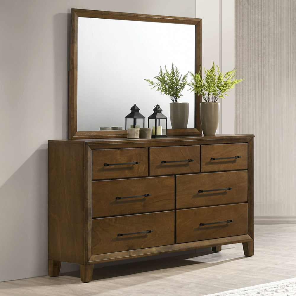 The Ballard 2-Piece Dresser and Mirror Set in Walnut Brown brings timeless elegance and superior craftsmanship to your bedroom. Expertly constructed from solid Rubberwood, premium engineered woods, and genuine Okume veneers, this set is built for lasting 