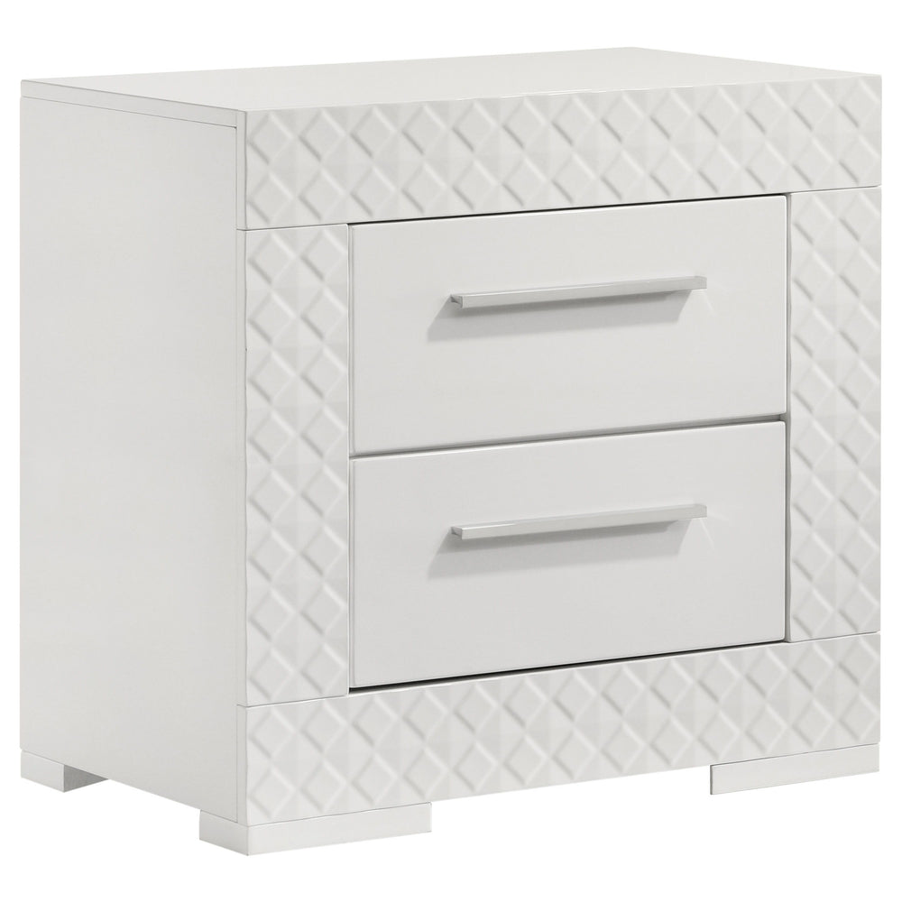 Add a touch of sophistication to your bedroom with this elegant nightstand. Featuring a high gloss finish, it reflects a modern Italian style with a clean, minimalist design. The nightstand includes two spacious drawers, perfect for keeping your bedside e