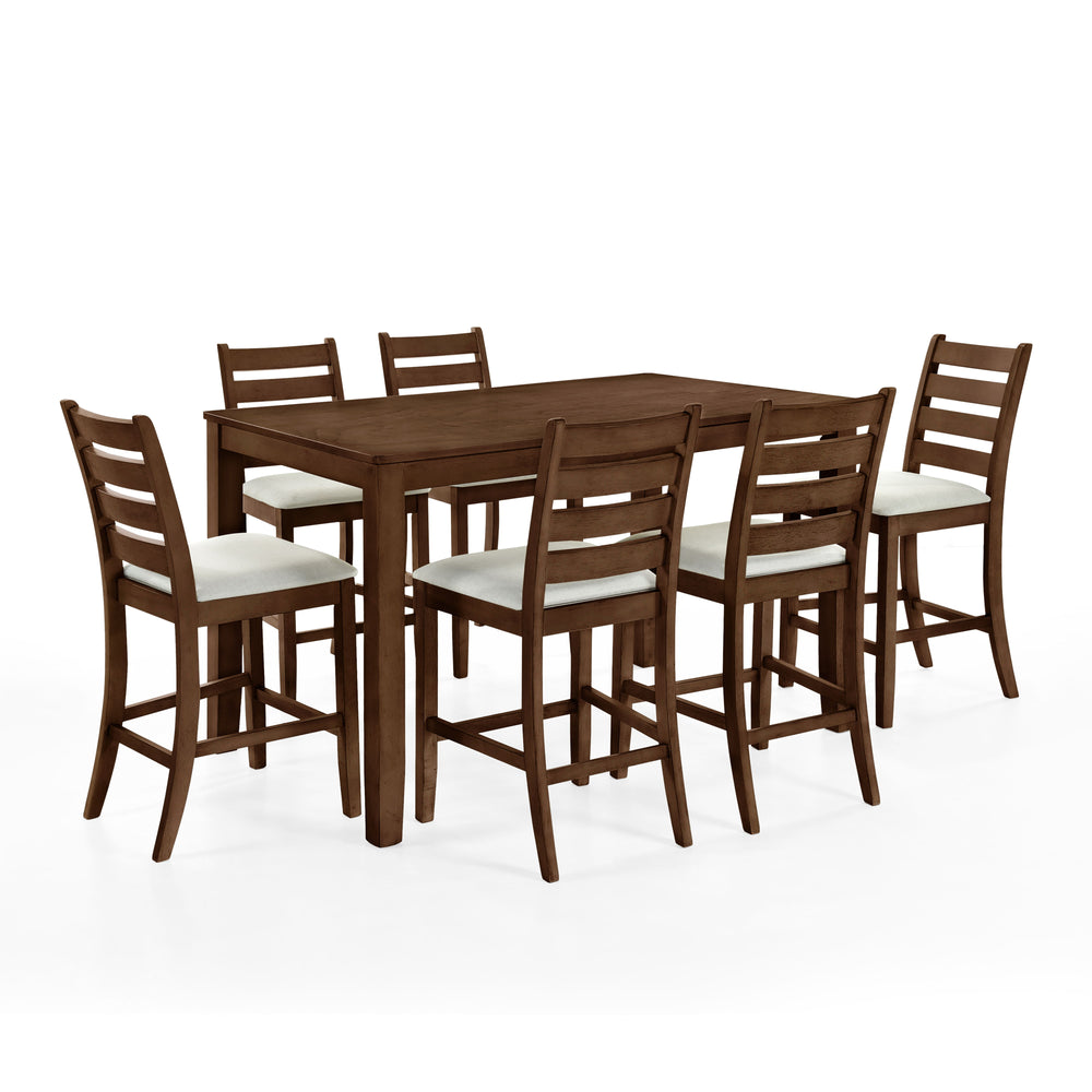 Discover the Pascal 7 Piece Counter Height Dining Room Set in warm Walnut Brown, featuring a wood counter dining table and six counter chairs. This set is crafted from a durable combination of solid Rubberwood and manufactured woods, ensuring long-lasting