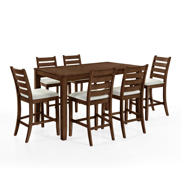  featuring a wood counter dining table and six counter chairs. This set is crafted from a durable combination of solid Rubberwood and manufactured woods