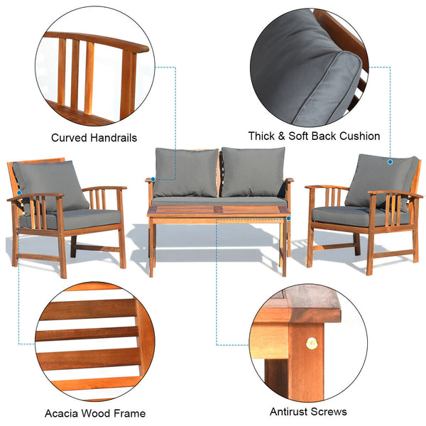 The solid and hardwood frame adds sturdiness to the set Not easy to deform and crack of the frame Painted with clear varnish and beauty can be kept for a long time Rearranged in various ways to meet your different needs Thick and soft cushions will provid