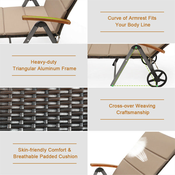Sturdy aluminum construction holds up to 385 lbs<br>Ergonomic backrest with armrest fits your body curve to a better enjoyment<br>Soft non-woven cushion  provides a more comfortable relax<br>Environmentally friendly PE rattan  breathable and waterproof  s