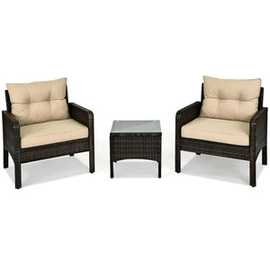 Made of high-quality PE rattan with strong toughness  it is not easy to break<br>Sturdy metal frame structure with superior load-bearing performance<br>A soft sponge filled cushions  comfortable and breathable<br>The thick tempered glass tabletop is sturd