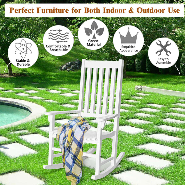 This rocking chair is constructed of premium acacia wood  which is corrosion-resistant and durable to support your long-term use. Â  Designed with contoured slatted seat  high back and widened armrest  the chair will give you comfortable sitting feeling t