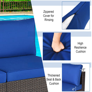 Power coated and solid steel frame adds sturdiness<br>Tight and hand-woven rattan to withstand change of weather<br>Two of the armless chairs can be used separately<br>Aluminum foot pads protect bottom rattan from scratching<br>Can be added to the same st
