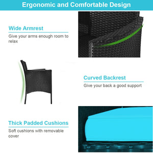 Rugged steel frame is durable and sturdy<br>High-quality rattan is weather-resistant and fade-resistant<br>Tempered glass table top is fixed by powerful suckers<br>Soft seat cushions is filled with high-density sponge<br>The zippered cover is removable an