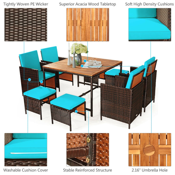 Made of PE wicker and sturdy steel frame ensuring weather resistance<br>Acacia wood tabletop makes sure the sturdiness and durability<br>Suitable for outdoor use with umbrella hole design<br>Cushioned seats with wide backrest bring you a comfortable exper