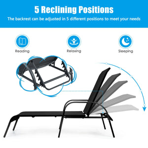 Don't leave the lounge chairs outside in rainy days for prolonging its' using life Made of Sun-proof and breathable fabric for long-lasting use  Powder-coated steel frame provides sturdy support Thick legs and anti-slip pads provide extra stability 5 adju