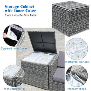 Including 6 sofas  1 storage box  1 coffee table  6 seat cushions and 6 back cushions <br>Sturdy iron frame and premium rattan for better durability <br>Large load-bearing capacity-- 360 lbs for each sofa and 110 lbs for coffee table <br>A storage box as 