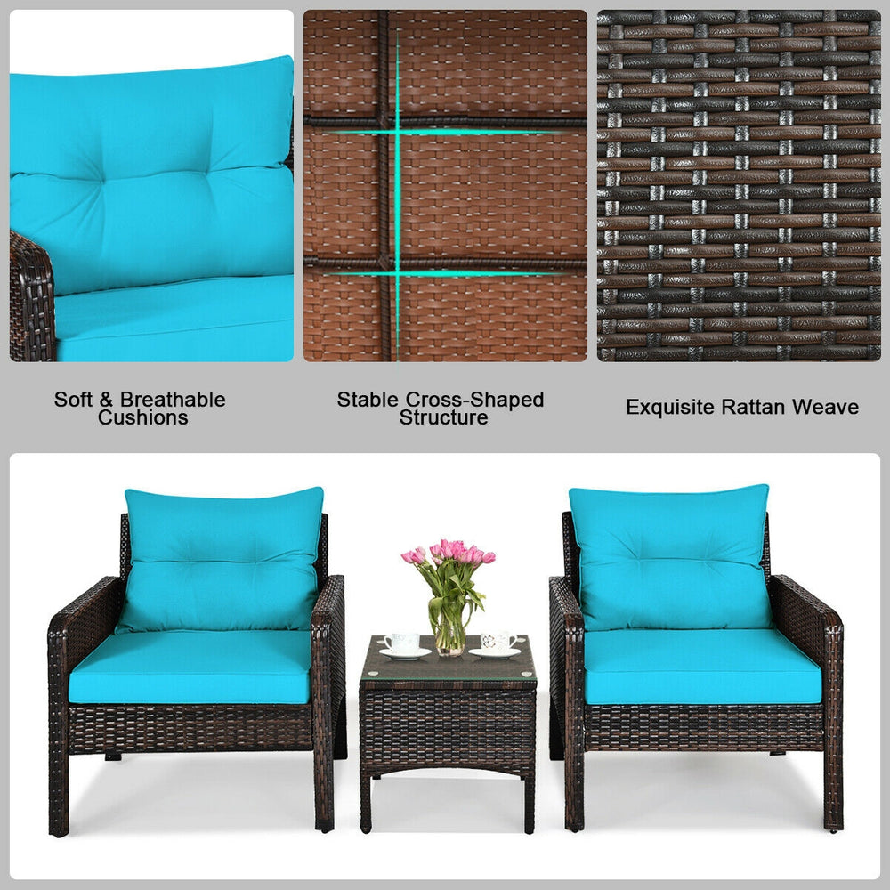 Made of high-quality PE rattan with strong toughness  it is not easy to break<br>Sturdy metal frame structure with superior load-bearing performance<br>A soft sponge filled cushions  comfortable and breathable<br>The thick tempered glass tabletop is sturd