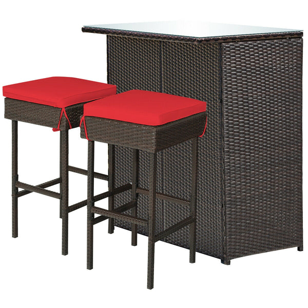 Strong metal frame and wrapped with rattan wicker<br>Including 2 stools and 1 table<br>Special design of the shelve for storage<br>Tempered glass top with good heat-durability<br>Soft and thick cushion provides comfortable sitting experience<br>Zippered c