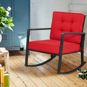 Sturdy and durable frame with exquisite rattan <br>Comfortable and safe rocking function <br>Thick and soft cushion for seat and back <br>Cushions are fixed by strings to prevent a move <br>Pads at the bottom can avoid sliding and protect rattan <br>Desig