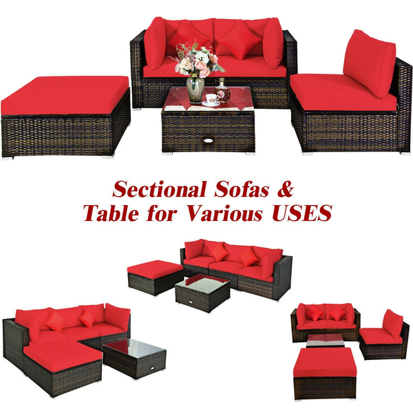 Including 1 armless sofa  2 corner sofas  1 ottoman  and 1 coffee table for a versatile use<br>Sturdy steel frame and durable PE rattan for long time use<br>4'' thick cushions to provide extraordinary comfort<br>Equipped with 2 extra soft pillows for bett
