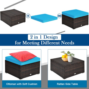 Includes 2 corner sofas  1armless table and 1 ottoman for versatile use<br>Sturdy powder-coated steel frame provides strong durability and stability<br>All-weather and wear-resistant PE rattan provides a long service life<br>Thick and soft sponge padded c