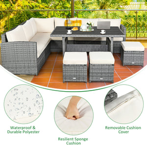 Packages include 3 loveseats  3 ottomans  1 table  6 seat cushions  7 back cushions  and instruction<br>Packages come in 4 boxes<br>Powder-coated steel structure provides strong durability and stability<br>All-weather and wear-resistant rattan ensures lon