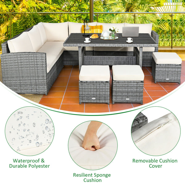 Packages include 3 loveseats  3 ottomans  1 table  6 seat cushions  7 back cushions  and instruction<br>Packages come in 4 boxes<br>Powder-coated steel structure provides strong durability and stability<br>All-weather and wear-resistant rattan ensures lon