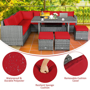 Packages include 3 loveseats  3 ottomans  1 table  6 seat cushions  7 back cushions  and instruction<br>Packages come in 4 boxes<br>Powder-coated steel structure provides strong durability and stability<br>All-weather and wear-resistant rattan ensures lon