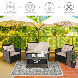 Consist of 2 single sofas  1 loveseat and a tea table <br>Ergonomics chair back and armrest shape design <br>Different combinations according to your needs <br>Sturdy steel frame  stable and not easy to shake <br>High quality PE rattan wicker  high-grade 