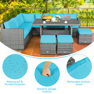 Packages include 3 loveseats  3 ottomans  1 table  6 seat cushions  7 back cushions  and instruction<br>Packages come in 4 boxes<br>Powder-coated steel structure provides strong durability and stability<br>All-weather and wear-resistant rattan ensures lon