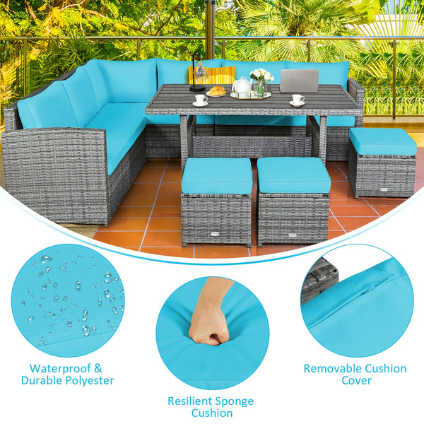 Packages include 3 loveseats  3 ottomans  1 table  6 seat cushions  7 back cushions  and instruction<br>Packages come in 4 boxes<br>Powder-coated steel structure provides strong durability and stability<br>All-weather and wear-resistant rattan ensures lon