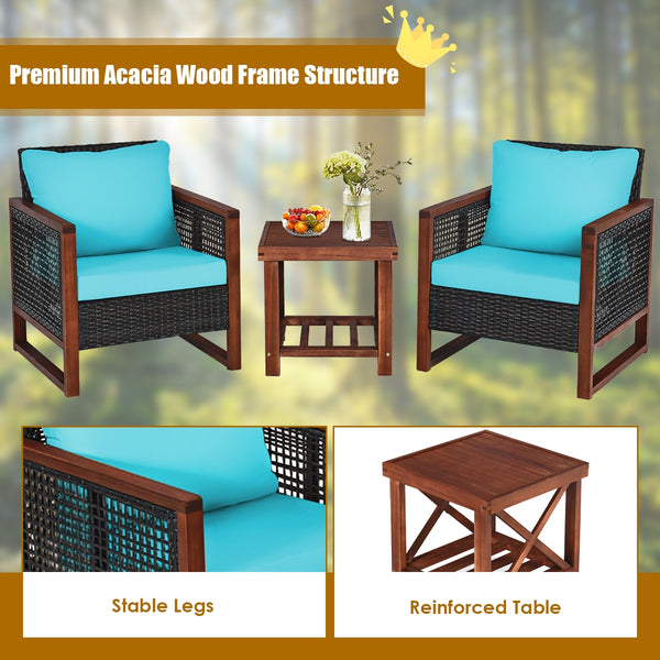 Please avoid rain exposure for longer serving time.<br>Package includes 2 sofas  1 table  2 seat cushions  2 back cushions and instruction<br>Made of all-weather rattan  sturdy and durable<br>Acacia wood frame and unique base provide powerful support<br>A