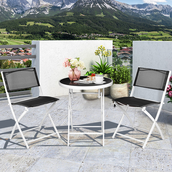 High quality and brand new<br>Including 2 chairs  and 1 coffee table with glass top<br>Durable textile fiber material<br>Sturdy steel frame<br>Folding frame make it convenient to store and move<br>The reinforced glass table top greatly increases the durab